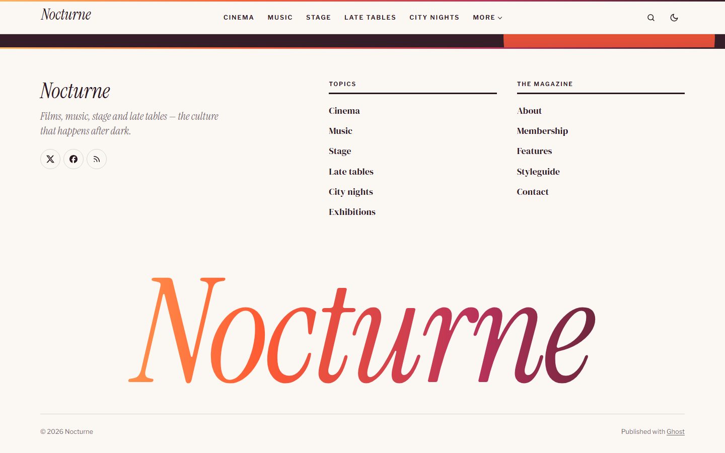 The footer with the site title in sunset colors
